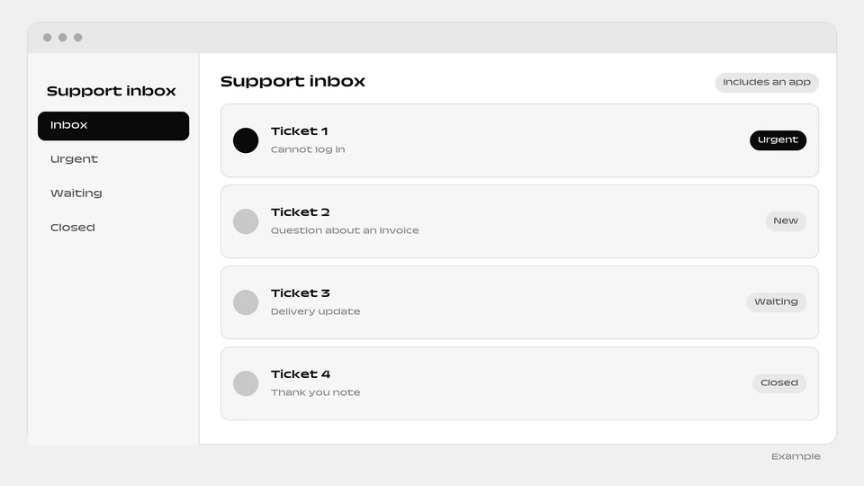 A support inbox list of tickets, each with a short subject and a status such as urgent, new or waiting.