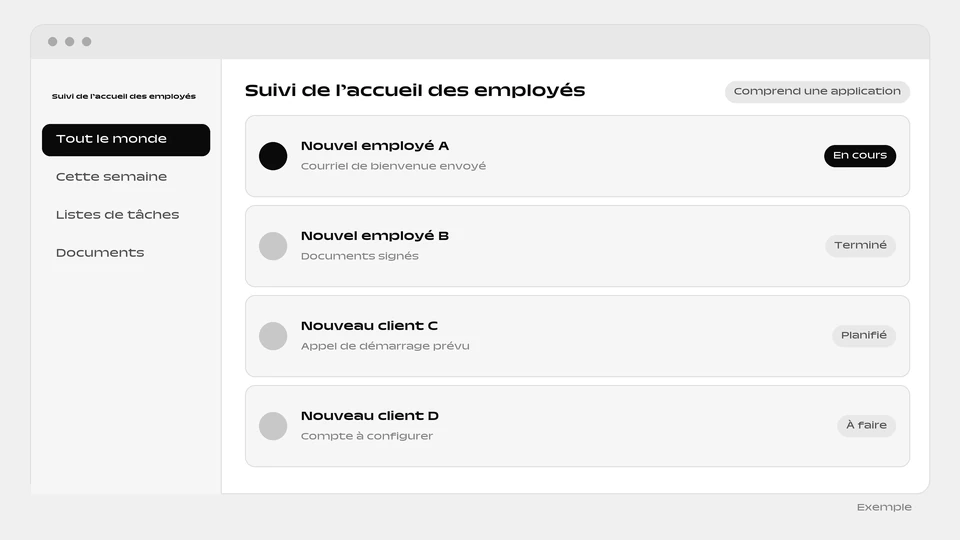 Une liste d’accueil de nouveaux employés et clients, chacun avec sa dernière étape et un statut.