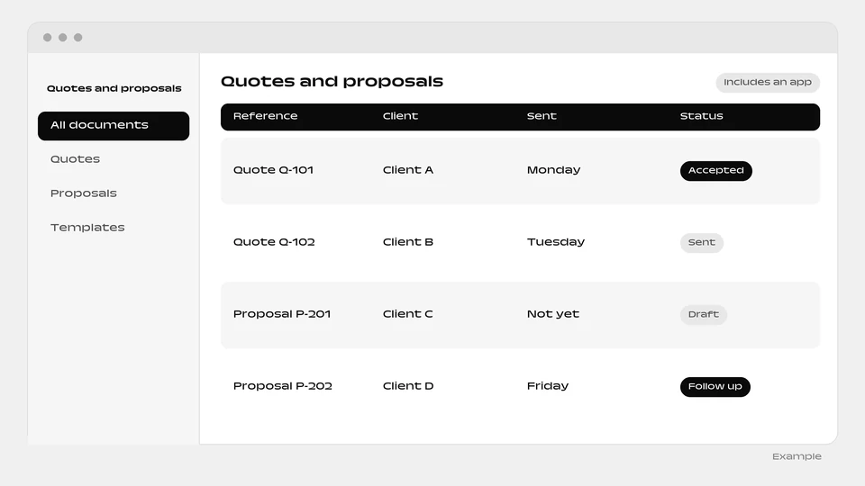 A quotes and proposals table with reference, client, when it was sent and a status such as accepted or draft.