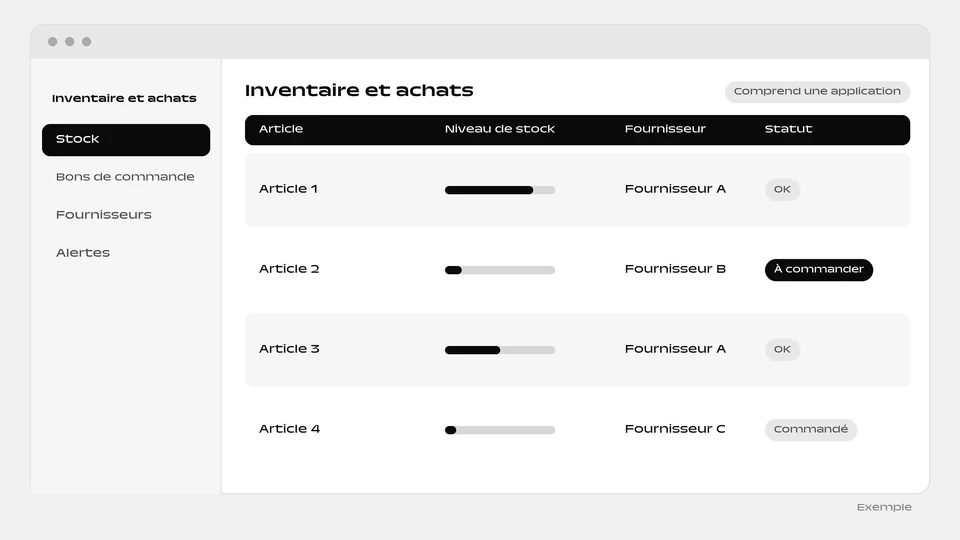 Un tableau d’inventaire avec une barre de niveau de stock, le fournisseur et un statut de réapprovisionnement pour chaque article.