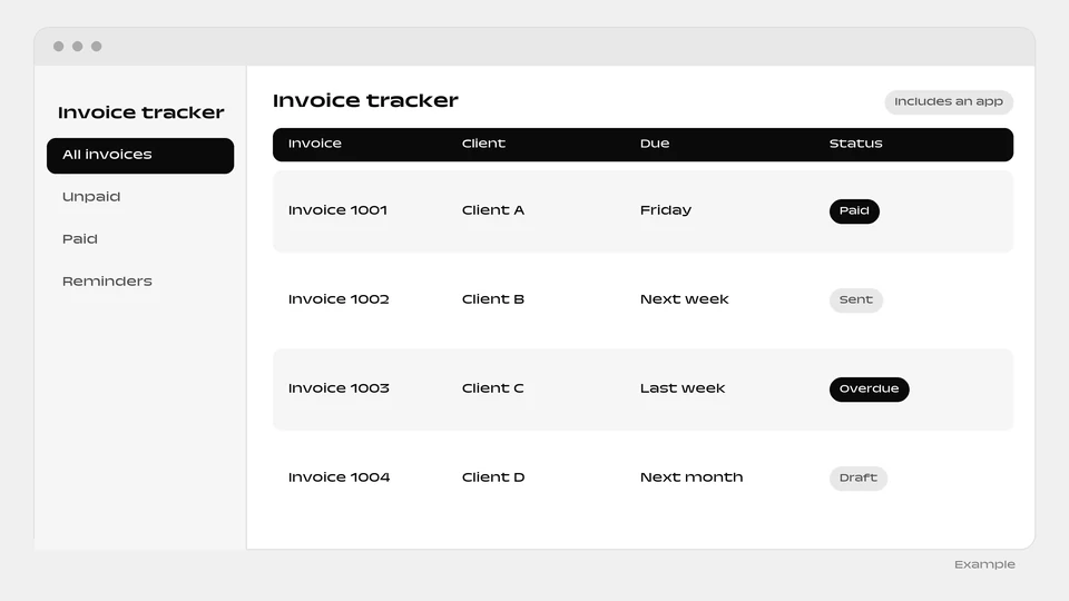 An invoice tracker table with invoice, client, due date and a status such as paid, sent or overdue.