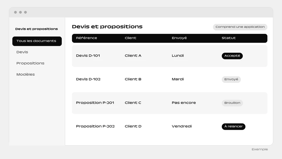 Un tableau de devis et propositions avec la référence, le client, la date d’envoi et un statut comme accepté ou brouillon.