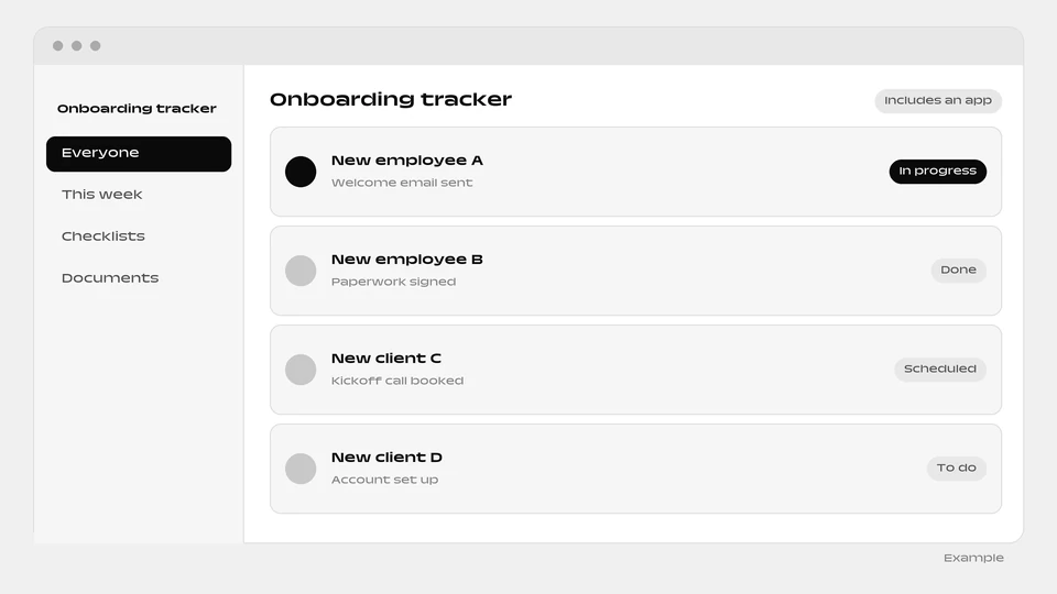 An onboarding list of new employees and clients, each with the latest step and a status.