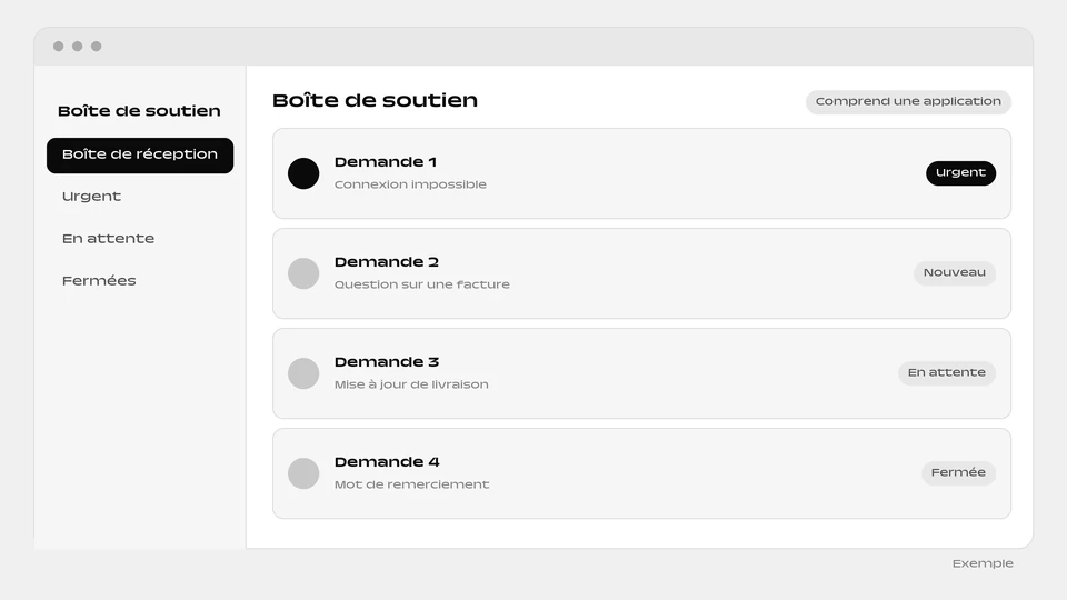 Une liste de demandes de soutien, chacune avec un court sujet et un statut comme urgent, nouveau ou en attente.
