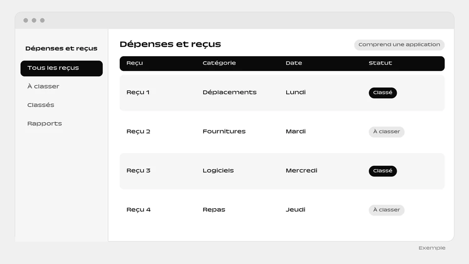Un tableau de reçus de dépenses avec la catégorie, la date et un statut classé ou à classer.