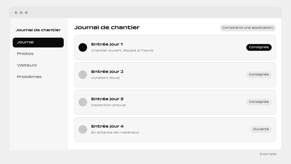 Une liste de journal de chantier avec une entrée par jour, chacune avec une courte note et un statut.