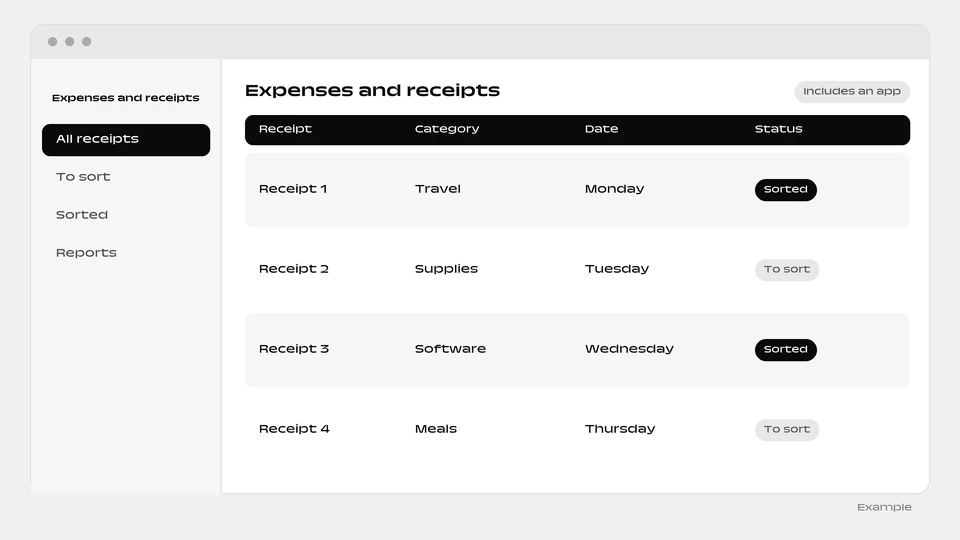 A table of expense receipts with category, date and a status of sorted or to sort.