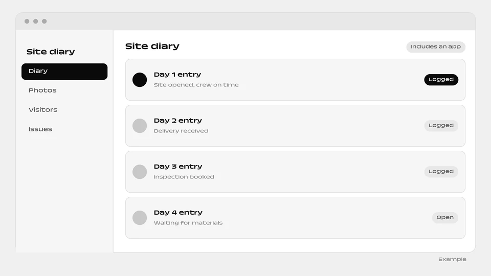 A site diary list with one entry per day, each with a short note and a status.