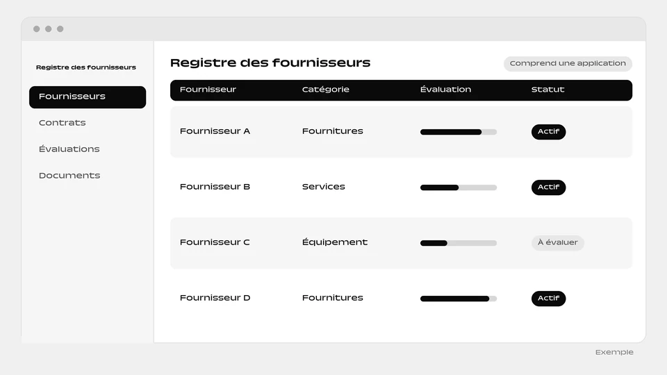 Un registre des fournisseurs avec la catégorie, une barre d’évaluation et un statut actif ou à évaluer.