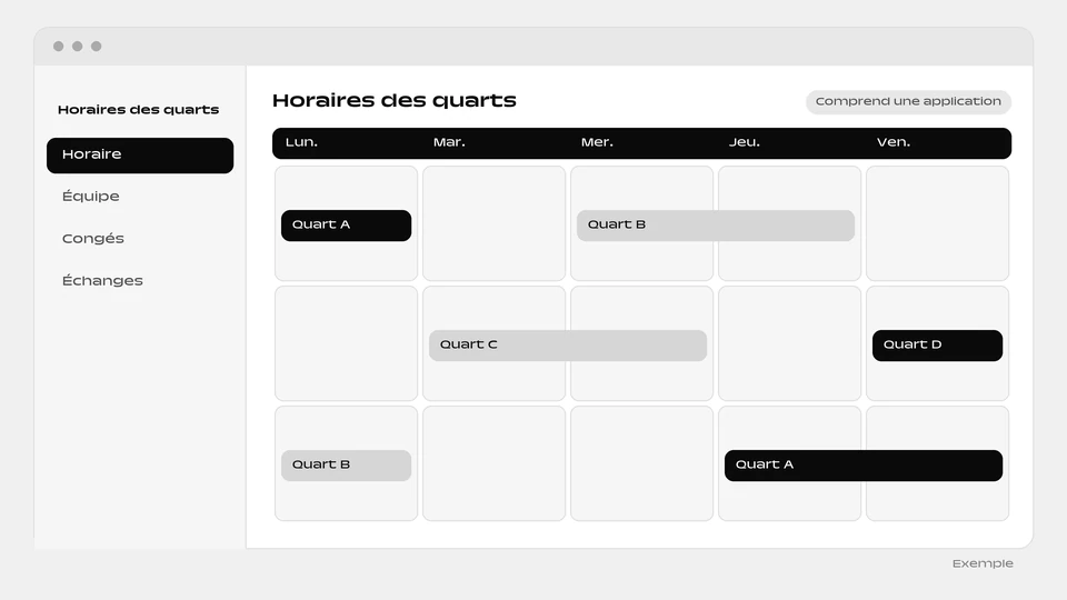 Un calendrier hebdomadaire des quarts, du lundi au vendredi, avec des quarts placés sur différents jours.