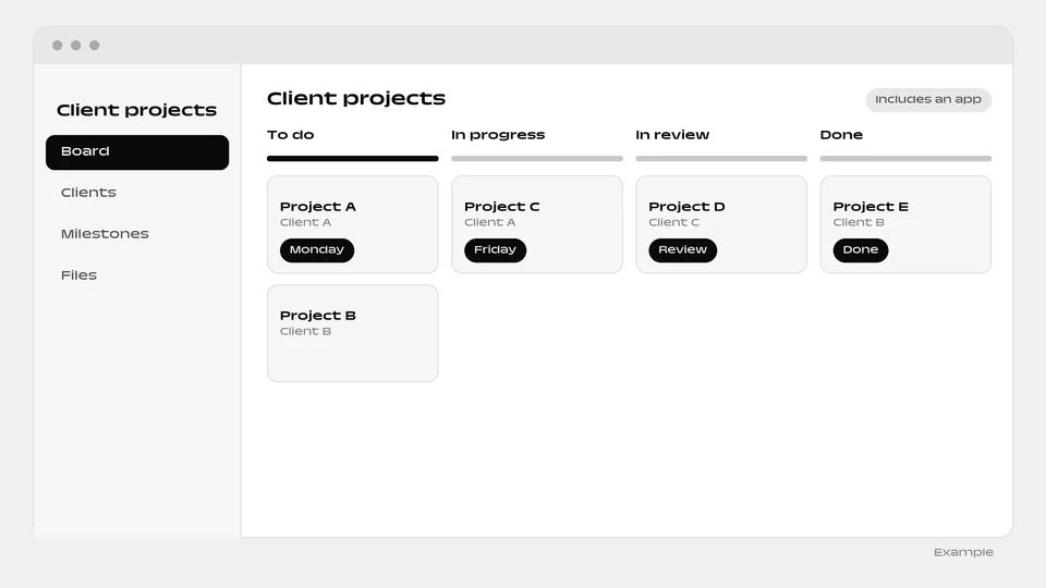 A client projects board with four columns, To do, In progress, In review and Done, holding project cards.