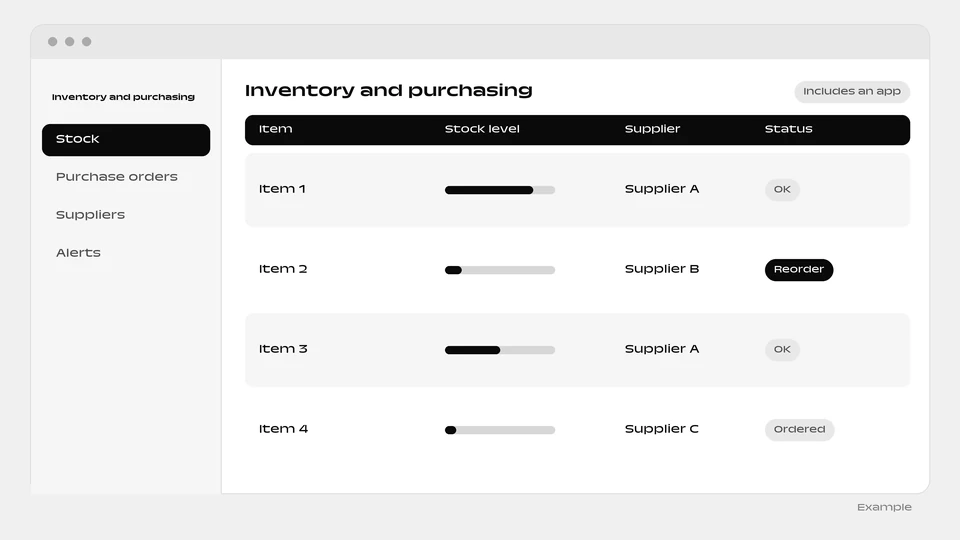 An inventory table with a stock level bar, supplier and a reorder status for each item.