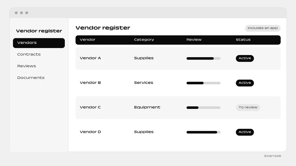 A vendor register table with category, a review bar and an active or to review status for each vendor.