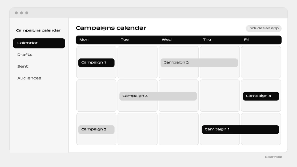 A weekly calendar from Monday to Friday with email campaigns placed on different days.