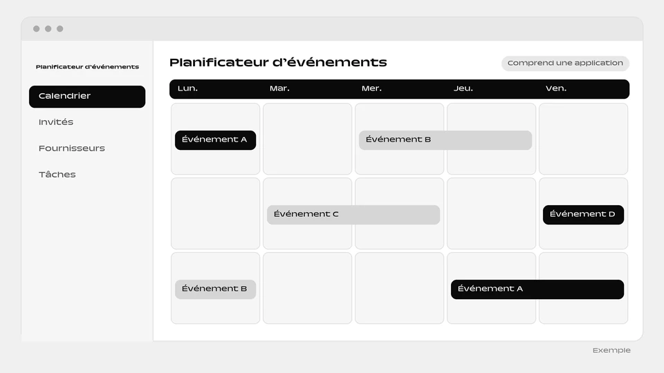 Un calendrier de la semaine, du lundi au vendredi, avec des événements placés sur différents jours.