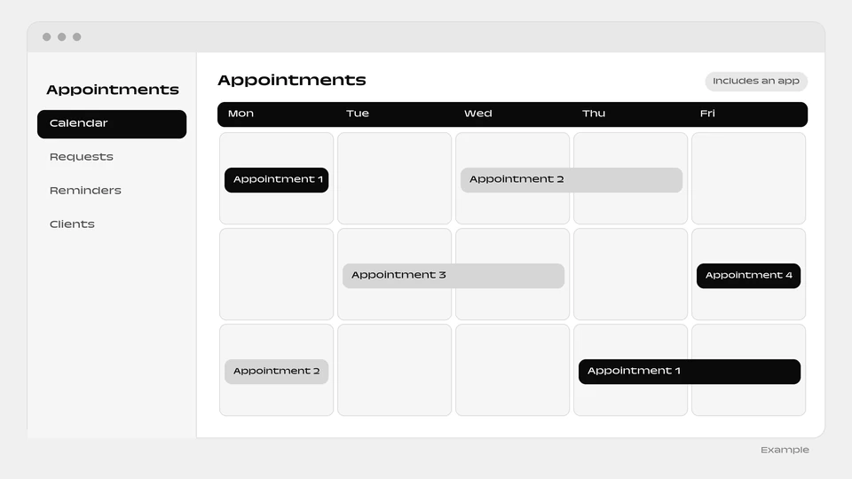 A weekly calendar from Monday to Friday with appointments placed on different days.