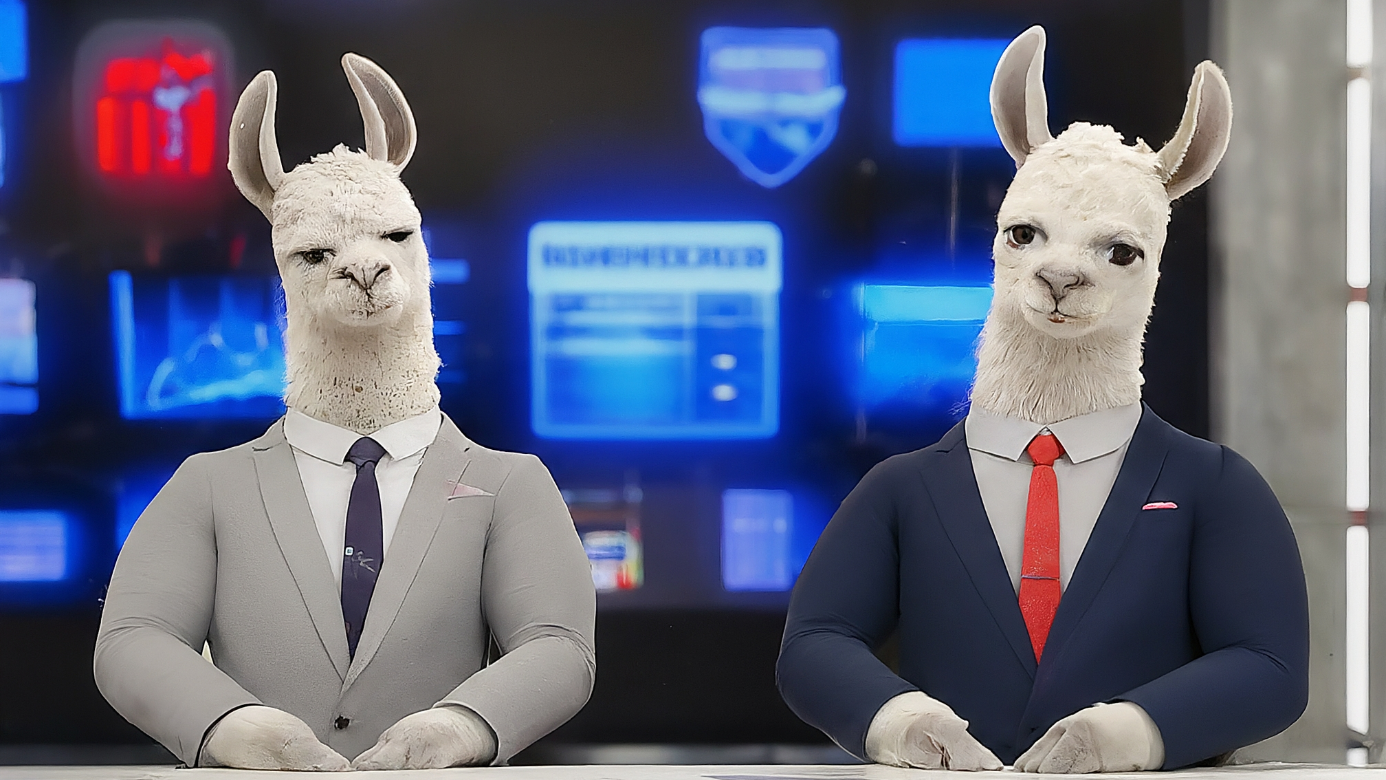 Due lama bianchi in stile cartoon con vestiti eleganti. Il lama maschio (Marco) indossa un completo blu e ha un'espressione analitica ma divertita, con un sopracciglio leggermente alzato. La lama femmina (Kia) indossa un vestito rosa elegante e ha un'espressione genuina e attenta, con un leggero sorriso. Lo sfondo è un pascolo stilizzato con elementi tecnologici crypto appena accennati. I colori sono vivaci ma non eccessivi. Nessun testo presente.