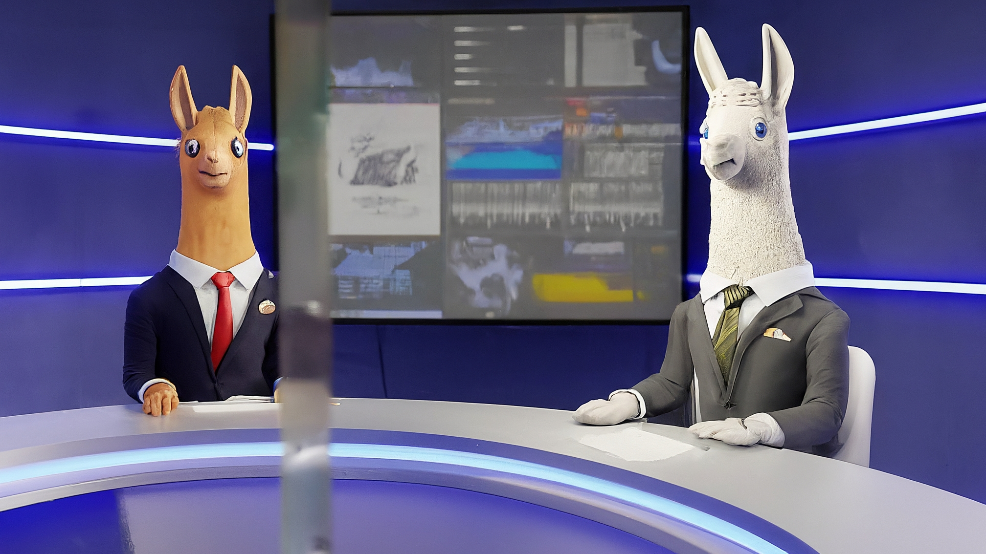 Due lama bianchi in stile cartoon, vestiti elegantemente. Marco Alam (maschio) indossa un completo blu con cravatta, Kia Mala (femmina) un elegante vestito rosa. Entrambi hanno un'espressione seria ma curiosa, con un leggero accenno di sorriso. Lo sfondo è un ambiente tecnologico stilizzato con grafici finanziari sfocati e tonalità di blu e verde. Nessun testo. Colori vivaci ma professionali.