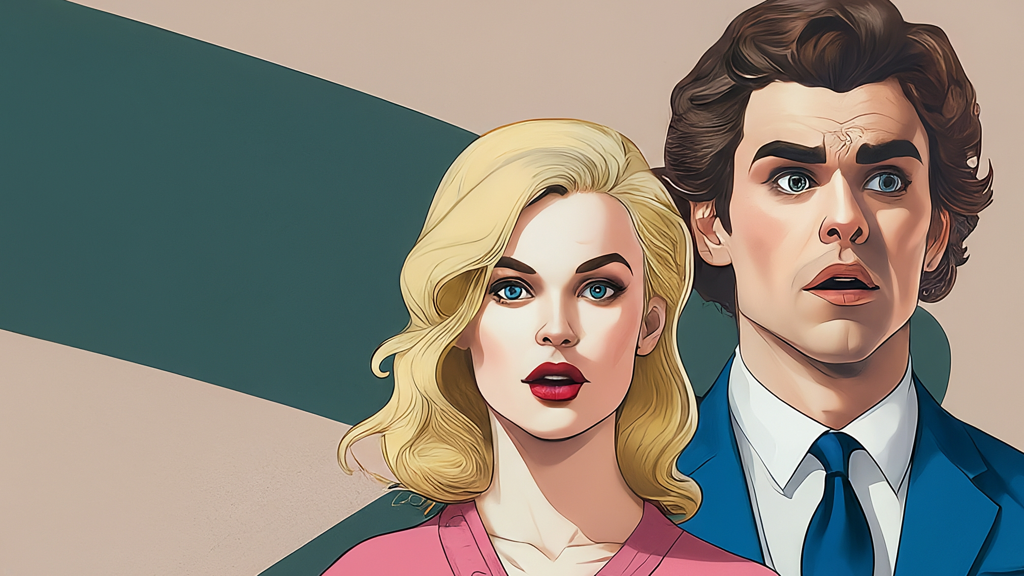 Due lama bianchi in stile cartoon con vestiti eleganti (uno maschio con completo blu, una femmina con vestito rosa), con espressioni sorprese e leggermente preoccupate, su uno sfondo astratto a tema criptovalute con grafici stilizzati. Nessun testo. Colori vivaci ma professionali.