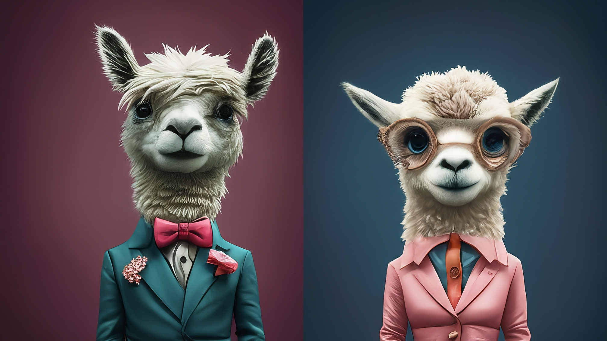 Due lama bianchi in stile cartoon, uno maschio e una femmina, vestiti con eleganti abiti blu e rosa rispettivamente. Il lama maschio ha un'espressione analitica e leggermente sorridente, mentre la lama femmina mostra un'espressione genuina e attenta. Lo sfondo è sfocato con toni caldi che richiamano un grafico di mercato, senza testo visibile.