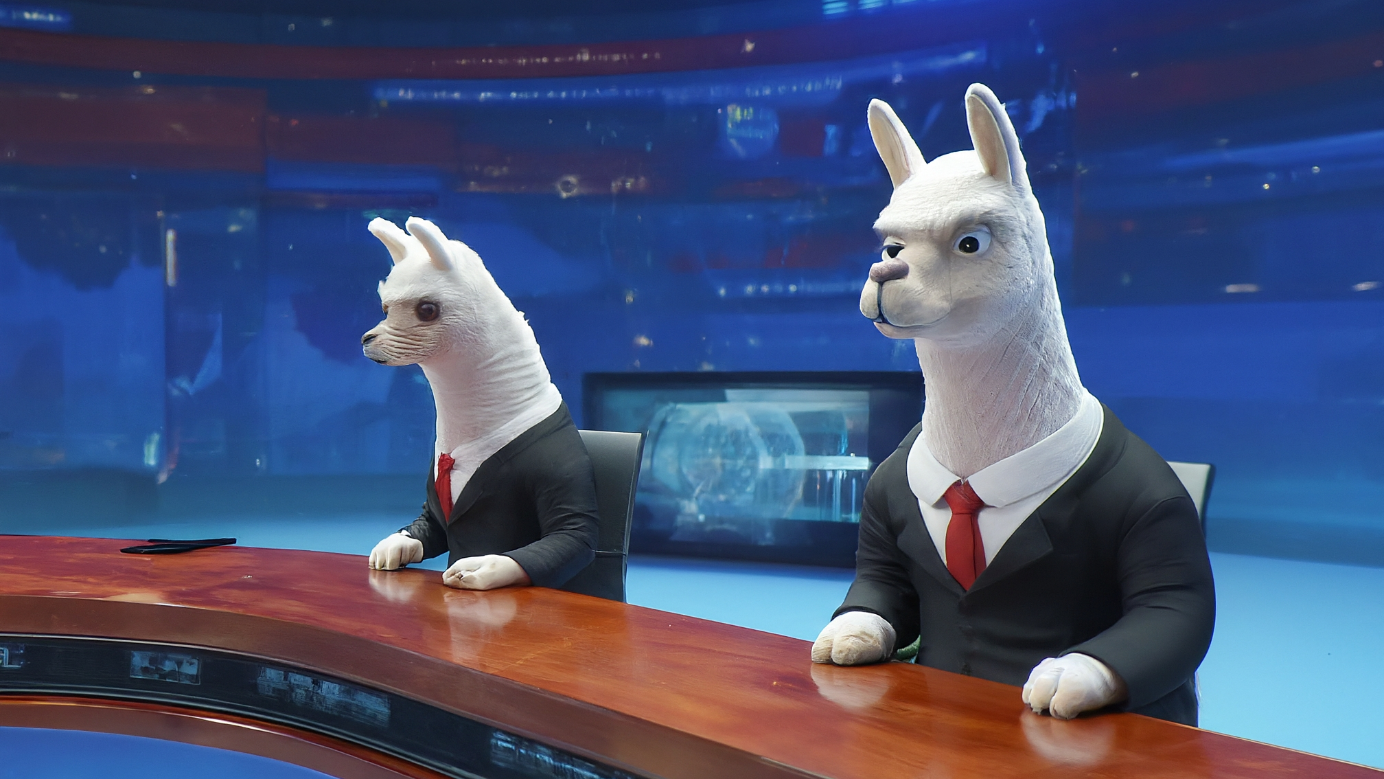 Due lama bianchi in stile cartoon con vestiti eleganti. Marco Alam (lama maschio) indossa un completo blu, sguardo analitico e leggermente sorpreso. Kia Mala (lama femmina) indossa un vestito rosa, espressione attenta e curiosa. Lo sfondo è un grafico stilizzato di mercato crypto con un indicatore che punta verso l'alto e un'icona di balena (whale) stilizzata. Colori vivaci ma professionali.