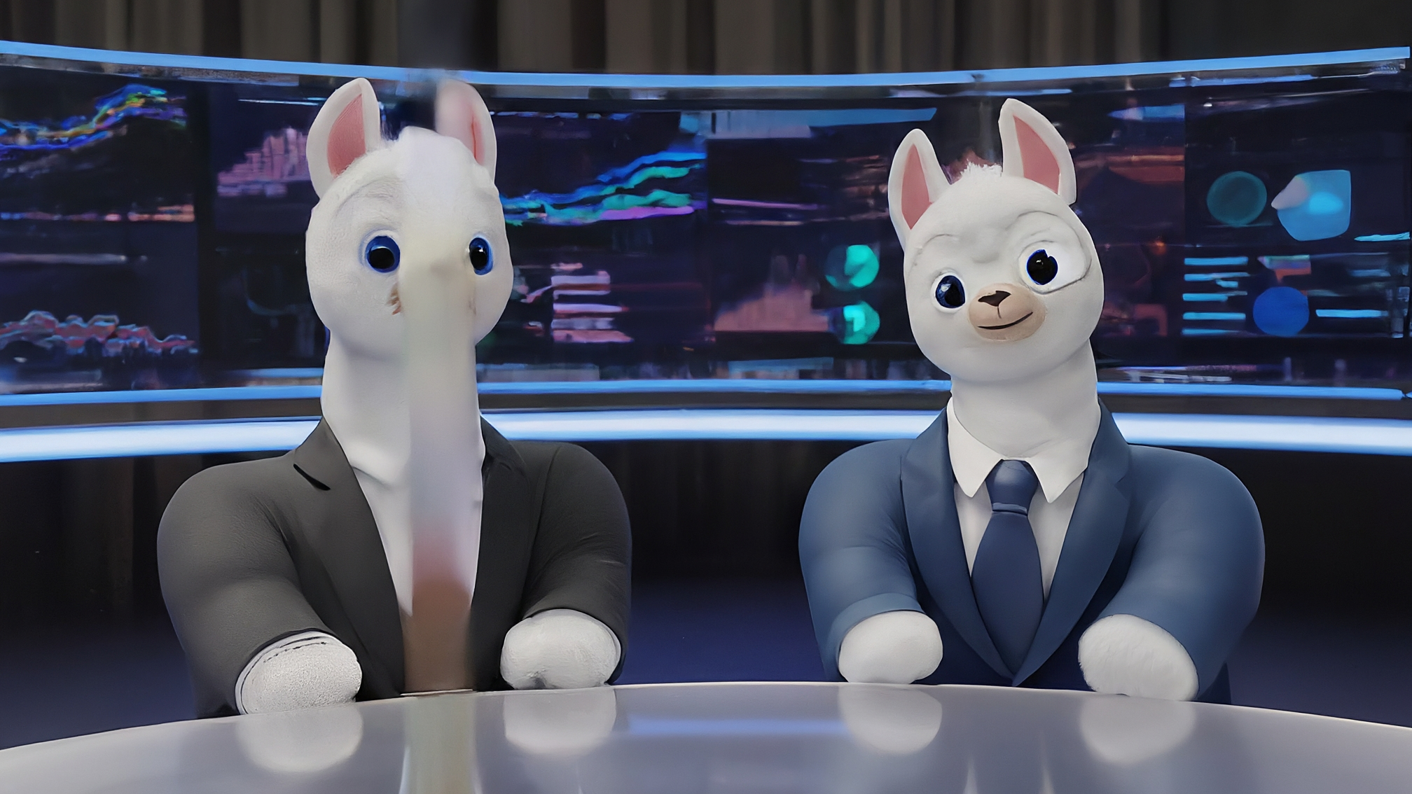 Due lama bianchi in stile cartoon con vestiti eleganti. Marco Alam (lama maschio) indossa un completo blu, Kia Mala (lama femmina) un vestito rosa. Hanno un'espressione investigativa e leggermente perplessa. Sfondo neutro con sfumature blu e rosa. Nessun testo visibile.