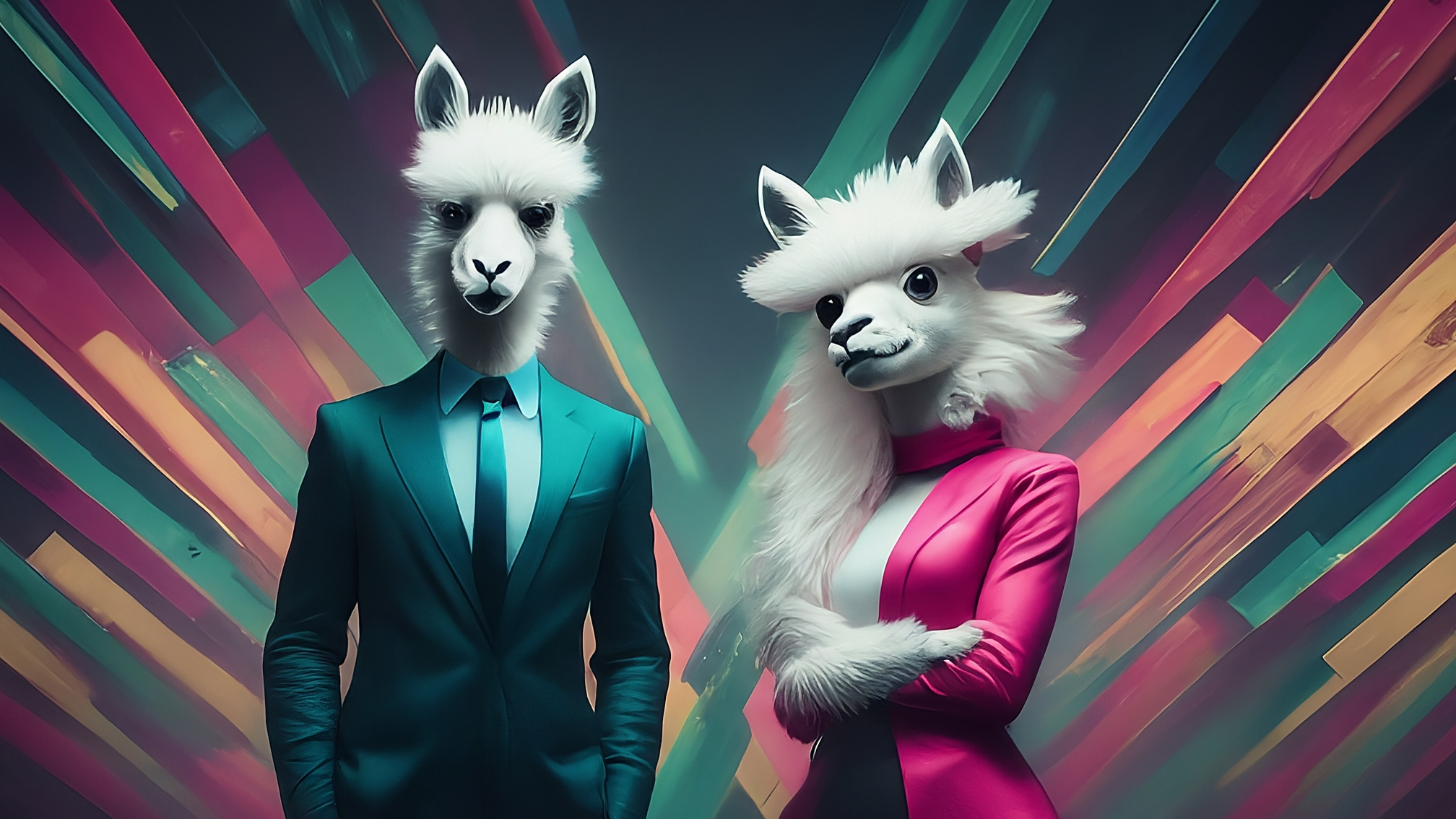 Due lama bianchi in stile cartoon, vestiti con eleganti completi (uno blu per il maschio, uno rosa per la femmina). Hanno un'espressione curiosa e analitica, leggermente preoccupata. Lo sfondo è un collage astratto di grafici crypto stilizzati e il logo stilizzato di