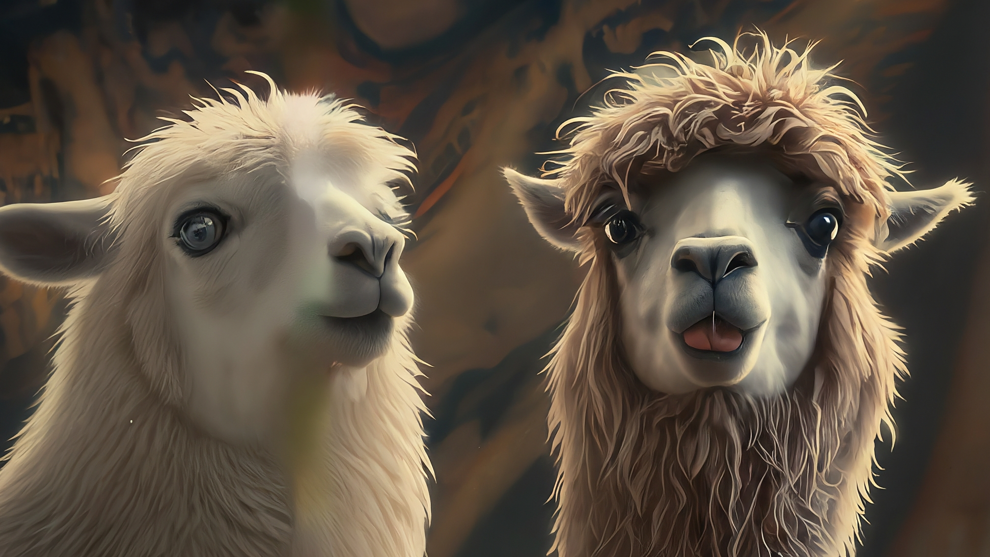 Due lama bianchi in stile cartoon, uno maschio (elegante completo blu) e una femmina (elegante vestito rosa), si guardano con espressioni serie ma curiose, con uno sfondo che richiama grafici di mercato stilizzati e il logo 