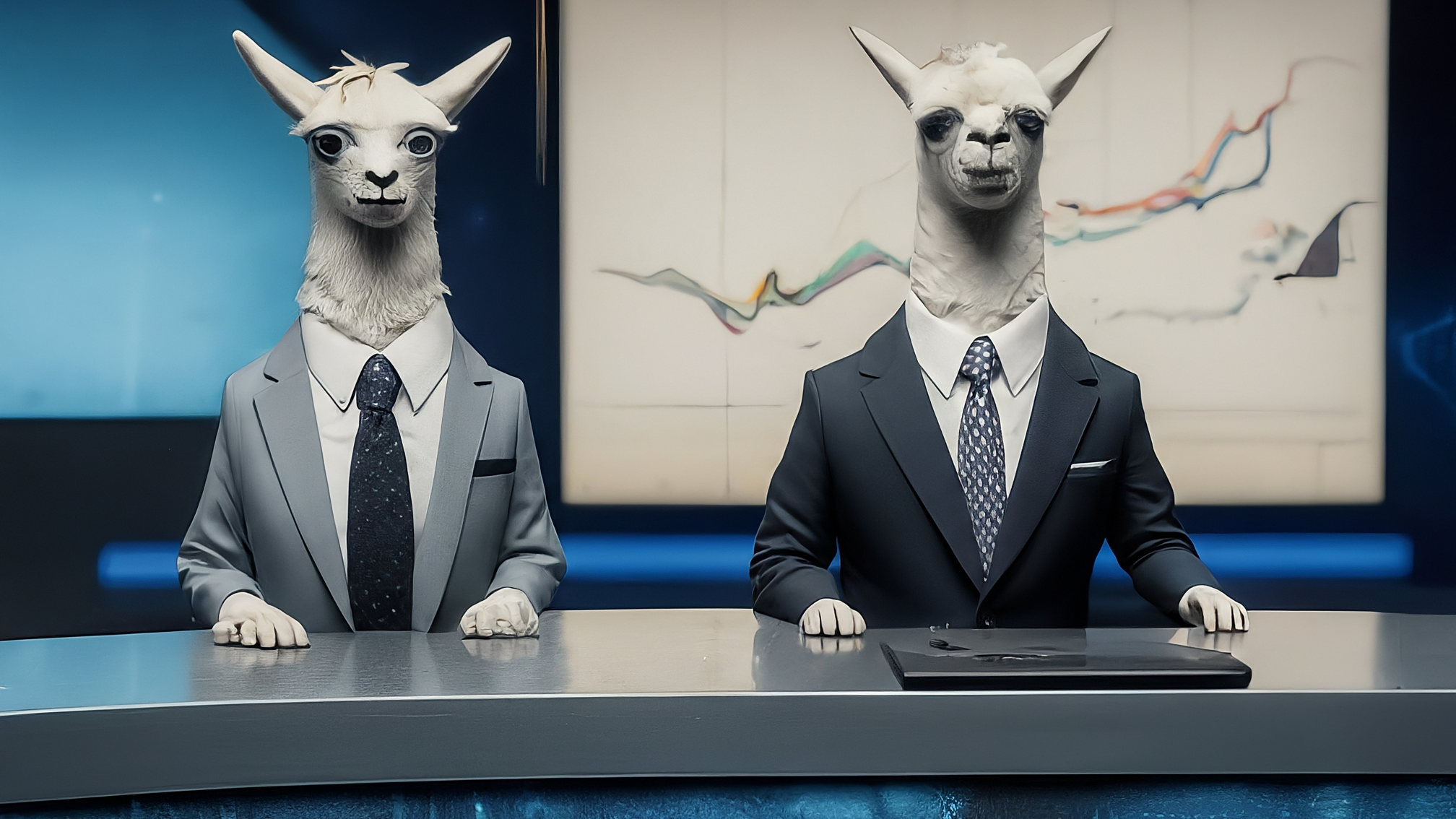 Due lama bianchi stilizzati in stile cartoon, Marco Alam (maschio, elegante completo blu, espressione analitica e un po' divertita) e Kia Mala (femmina, elegante vestito rosa, espressione genuina e attenta). Gli sfondi sono astratti con gradazioni di blu e rosa, con elementi grafici che richiamano grafici di borsa e blocchi di blockchain. Nessun testo sull'immagine.