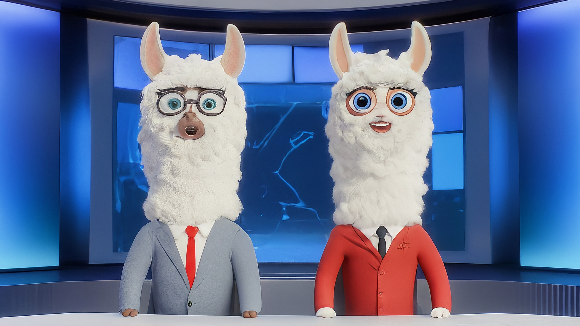 Due lama bianchi in stile cartoon, uno maschio (Marco) vestito con un elegante completo blu e cravatta blu, l'altra femmina (Kia) con un elegante tailleur rosa. Sono in piedi uno accanto all'altra in uno studio televisivo futuristico con uno sfondo blu scuro che mostra grafici di mercato. Entrambi sorridono in modo amichevole e autorevole. Lo sfondo ha icone stilizzate di criptovalute e frecce verdi che salgono. Nessun testo sullo sfondo o sui personaggi. Colori vivaci e attraenti, con un'illuminazione che evidenzia i personaggi.