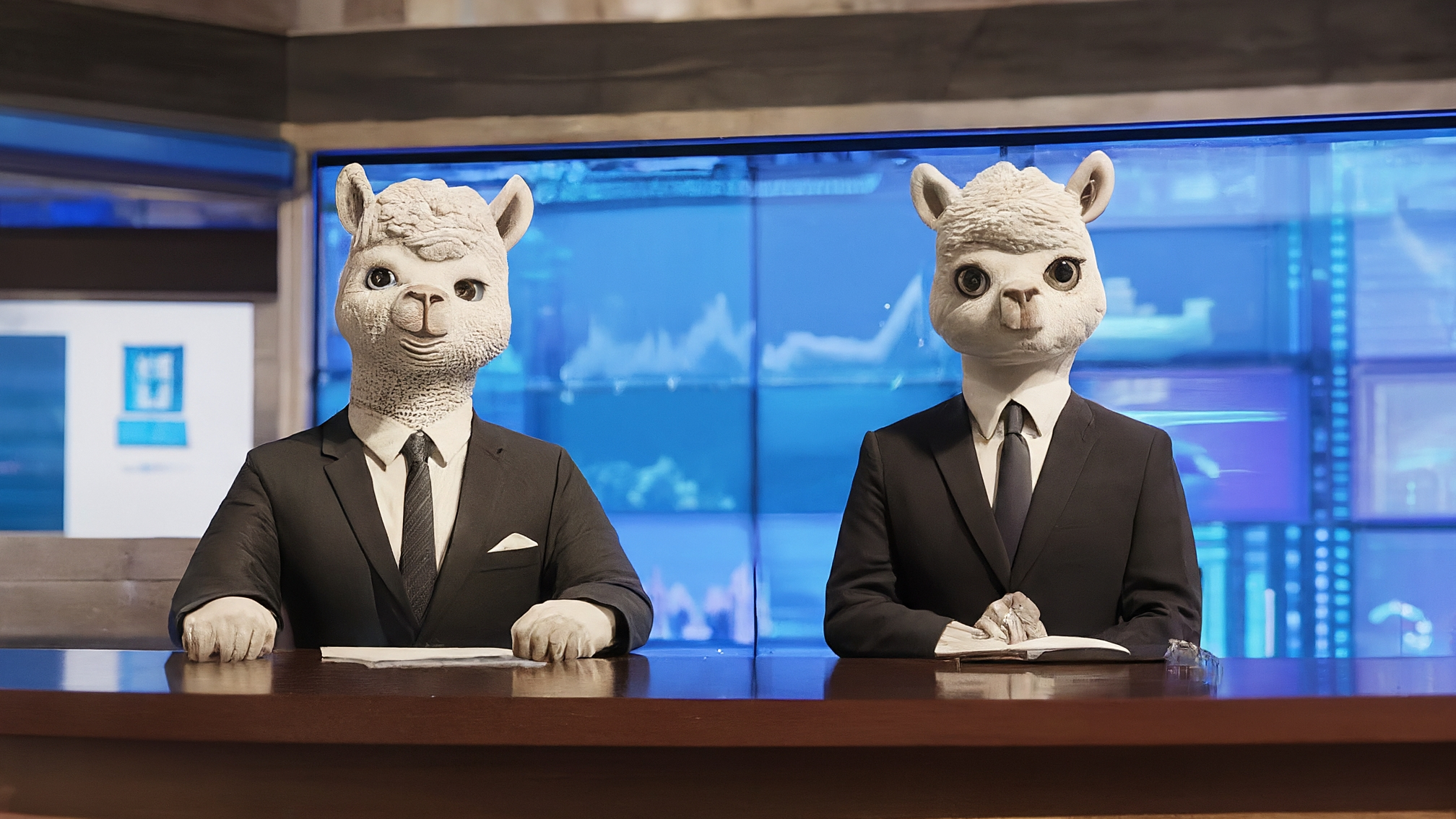 Due lama bianchi in stile cartoon con vestiti eleganti (uno maschio in completo blu, una femmina in vestito rosa). Marco ha un'espressione analitica e divertita, Kia ha un'espressione genuina e attenta. Lo sfondo è un grafico stilizzato con linee che scendono bruscamente, suggerendo un calo di prezzo, ma con un piccolo punto interrogativo dorato che fluttua nel mezzo. Colori vivaci ma professionali. Nessun testo.