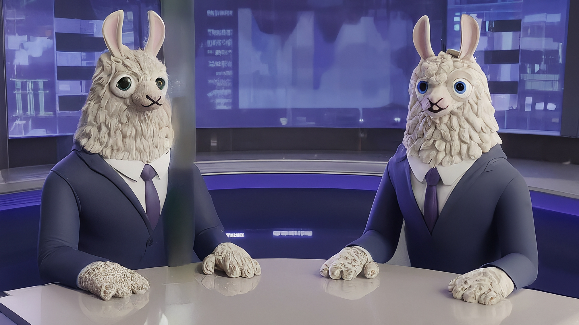 Due lama bianchi in stile cartoon con vestiti eleganti: uno maschio con completo blu, una femmina con vestito rosa. Marco Alam (maschio) ha un'espressione analitica e leggermente divertita, Kia Mala (femmina) ha un'espressione genuina e attenta. Sfondo con grafici stilizzati di criptovalute e un punto interrogativo gigante. Colori vivaci ma professionali. Nessun testo.