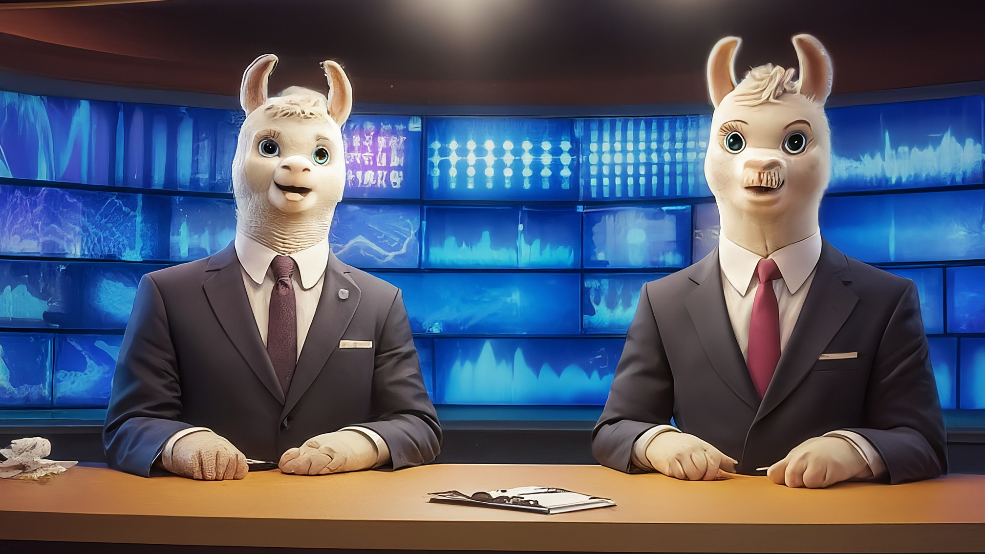 Due lama bianchi in stile cartoon, uno maschio (Marco) in completo blu elegante, l'altra femmina (Kia) in vestito rosa elegante. Marco ha un'espressione analitica e leggermente divertita, Kia un'espressione genuina e attenta. Entrambi guardano verso l'alto con un senso di attesa. Sfondo con grafici crypto stilizzati e una sfumatura di colore che trasmette urgenza e analisi (es. blu scuro/viola). Nessun testo.