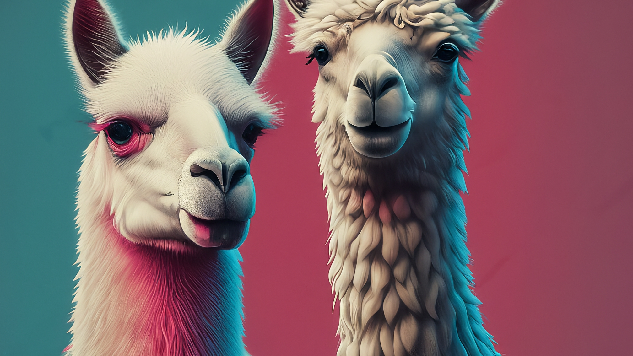 Due lama bianchi in stile cartoon, uno maschio con completo blu elegante e un'espressione analitica, l'altra femmina con vestito rosa elegante e un'espressione attenta. Lo sfondo è sfumato con colori che richiamano il blu e il rosa, con un leggero accenno grafico a grafici di borsa stilizzati. Nessun testo sull'immagine.