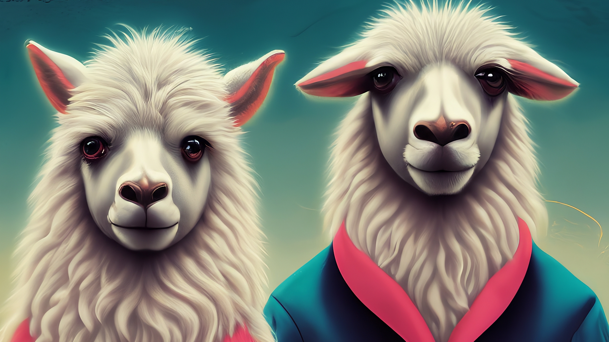 Due lama bianchi in stile cartoon, uno maschile con completo blu elegante e l'altro femminile con vestito rosa elegante. Il lama maschile ha un'espressione pensierosa e analitica, mentre la femmina appare attenta e leggermente preoccupata. Lo sfondo è un mix di grafici crypto astratti e colori vivaci ma non aggressivi (blu, rosa, oro). Nessun testo sull'immagine.