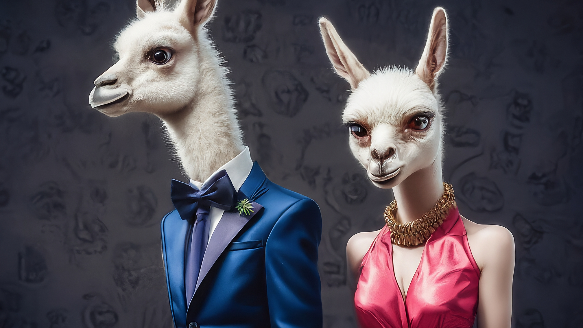 Due lama bianchi in stile cartoon, uno maschio con elegante completo blu e una femmina con elegante vestito rosa, si guardano con espressioni preoccupate e analitiche. Sfondo sfocato con grafici crypto stilizzati. Nessun testo. Colori tenui e professionali.