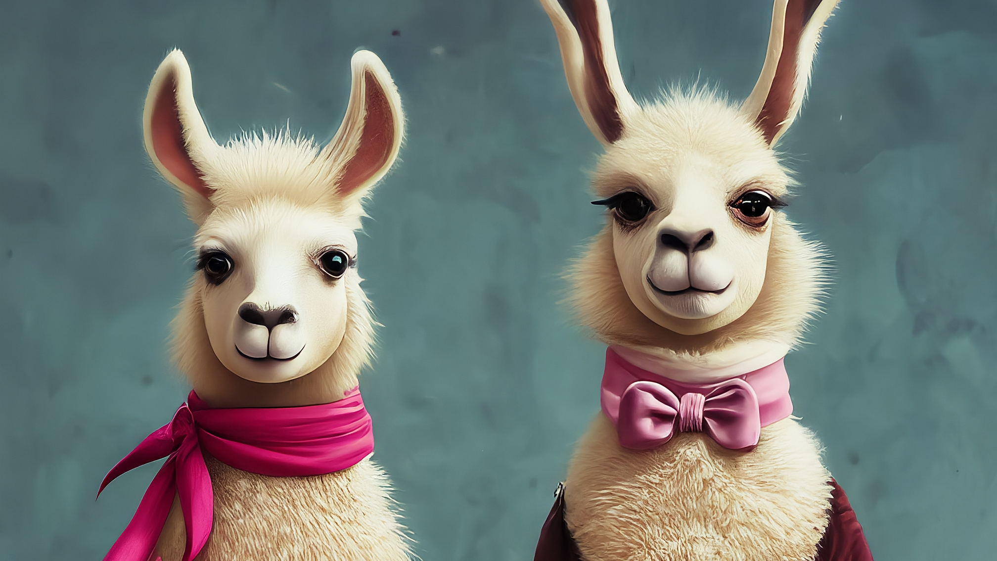 Due lama bianchi in stile cartoon, uno maschio e uno femmina, vestiti con eleganti completi (uno blu, una rosa). Il lama maschio ha un'espressione analitica e leggermente divertita, mentre la femmina è genuina e attenta. Sono in primo piano, con uno sfondo sfocato che suggerisce un grafico di mercato stilizzato. Nessun testo sull'immagine. Colori vivaci ma professionali.