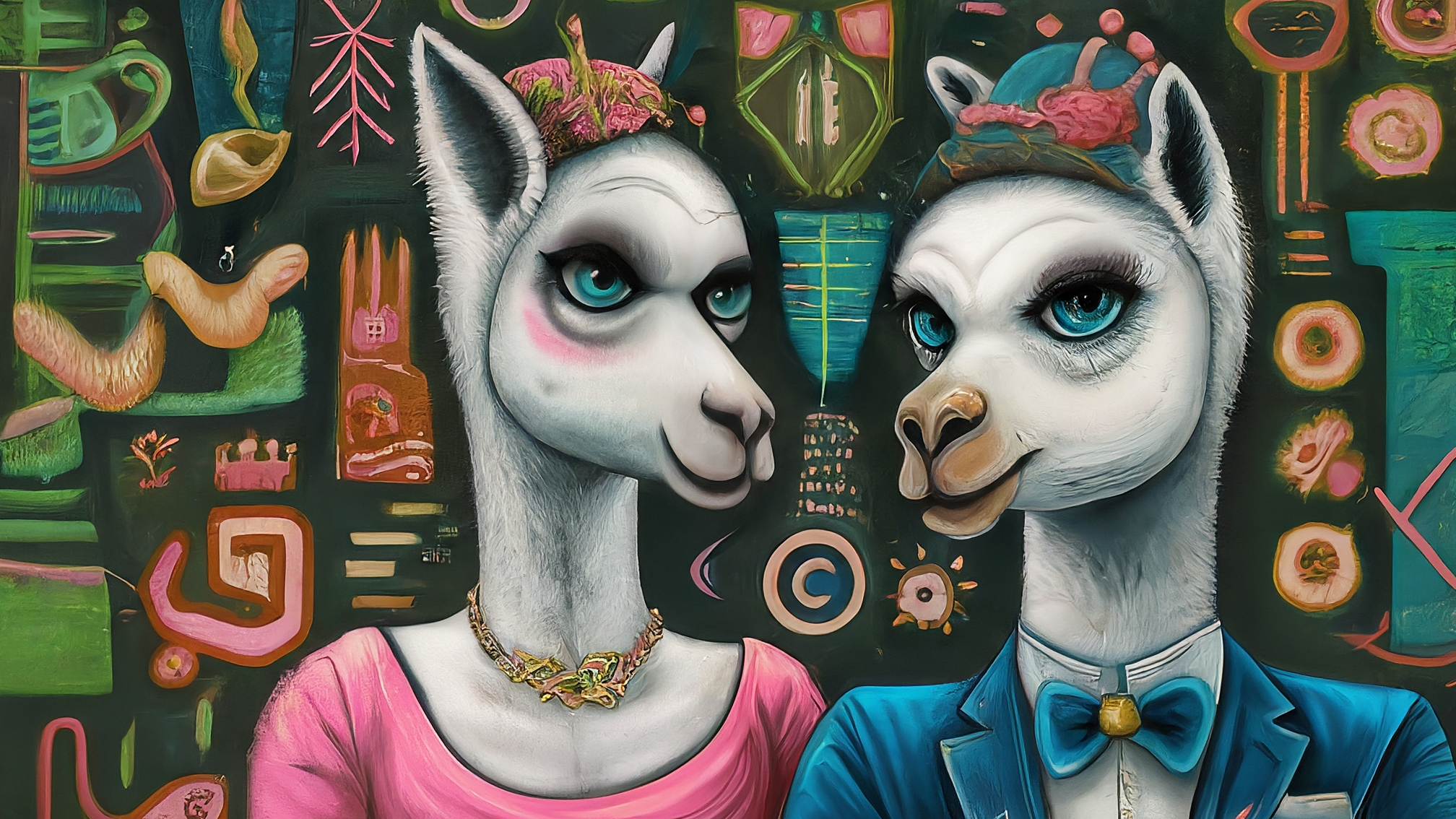 Due lama bianchi in stile cartoon con vestiti eleganti, uno maschio in completo blu e una femmina in abito rosa, con un'espressione curiosa e leggermente allarmata. Lo sfondo è un mix di grafici crypto stilizzati e un elemento visivo che richiama le carote. Nessun testo presente. Colori vivaci ma professionali.