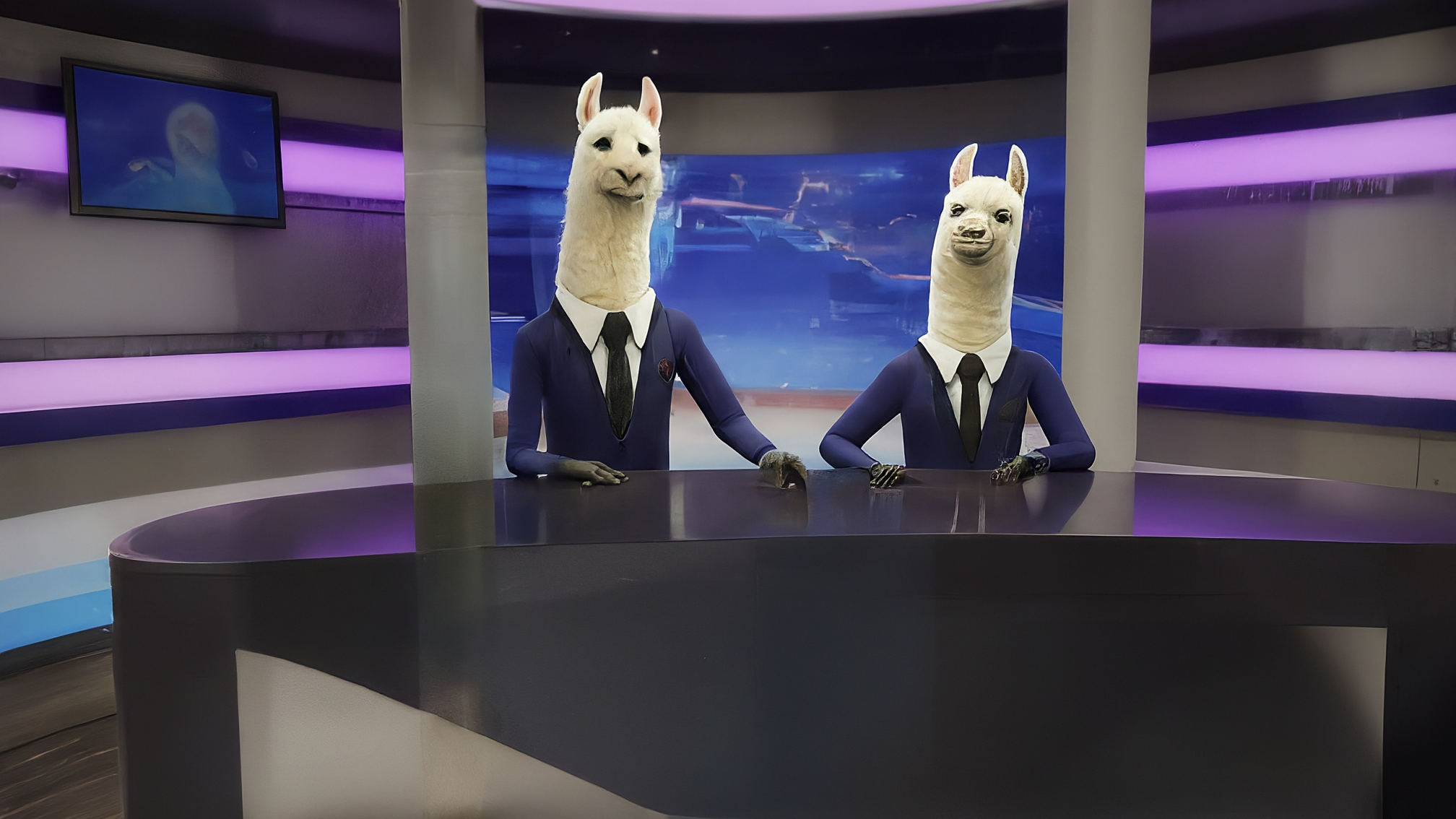 Due lama bianchi in stile cartoon con vestiti eleganti, uno maschio (Marco Alam, completo blu) e una femmina (Kia Mala, vestito rosa). Marco ha un'espressione analitica e leggermente divertita, Kia è genuina e attenta. Lo sfondo è un grafico stilizzato con frecce che indicano movimenti di prezzo. Nessun testo. Colori vivaci ma professionali.