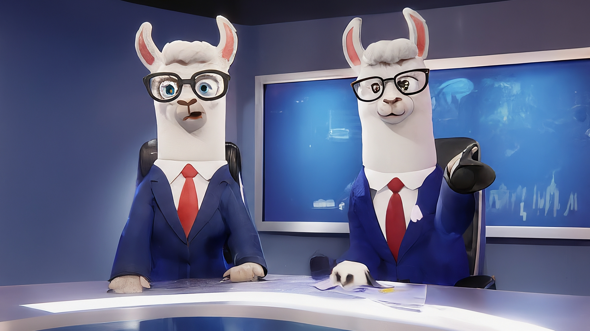 Due lama bianchi in stile cartoon, uno maschio (Marco Alam) con un elegante completo blu e un'espressione analitica, l'altra femmina (Kia Mala) con un elegante vestito rosa e un'espressione genuina e attenta. Sfondo astratto con elementi grafici che richiamano la blockchain e grafici finanziari. Nessun testo sull'immagine. Colori vivaci ma professionali.