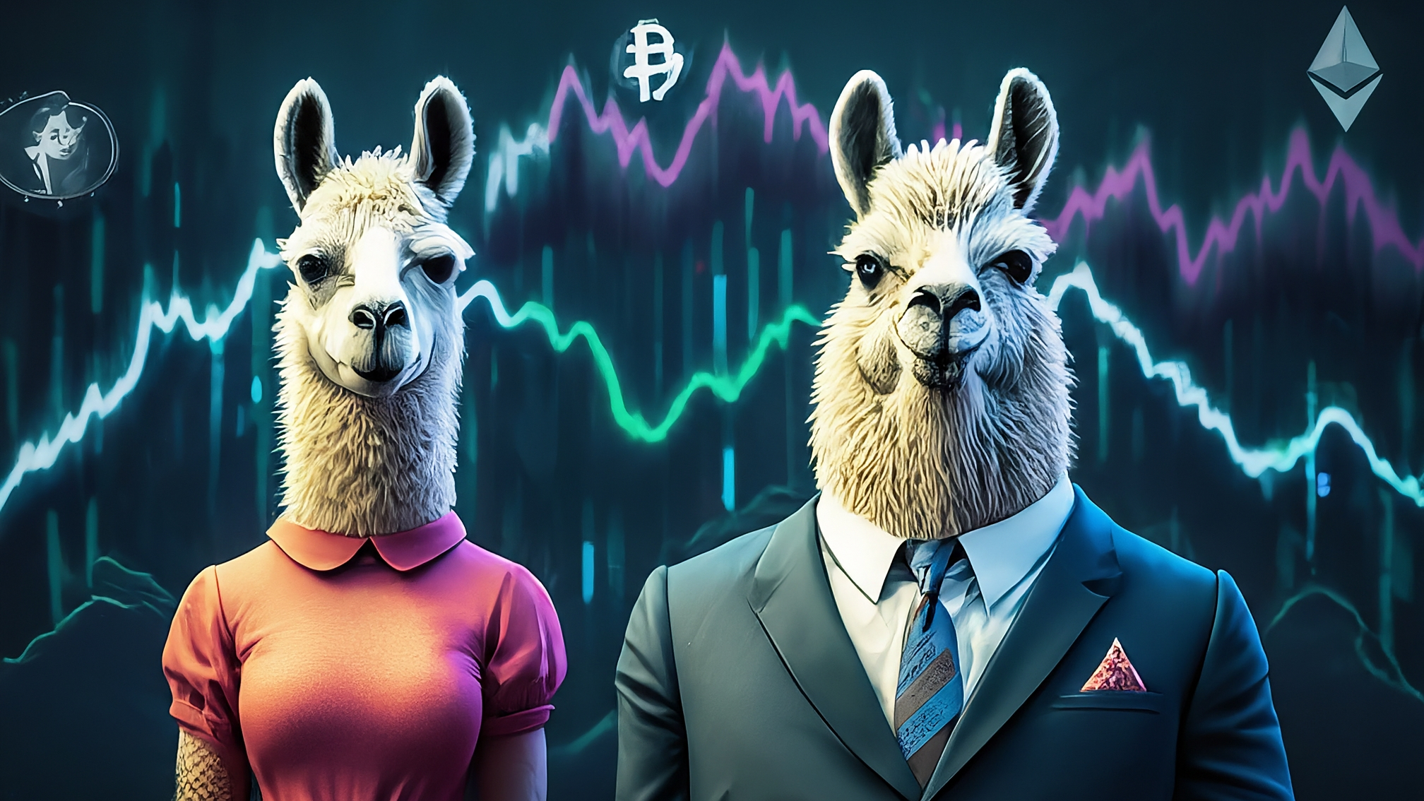 Two white cartoon llamas in elegant clothes (one male in a blue suit, one female in a pink dress) with a slightly concerned but analytical expression. The background is a stylized, abstract representation of cryptocurrency charts with subtle Bitcoin and Ethereum logos. No text on the image. Vibrant but professional color palette.