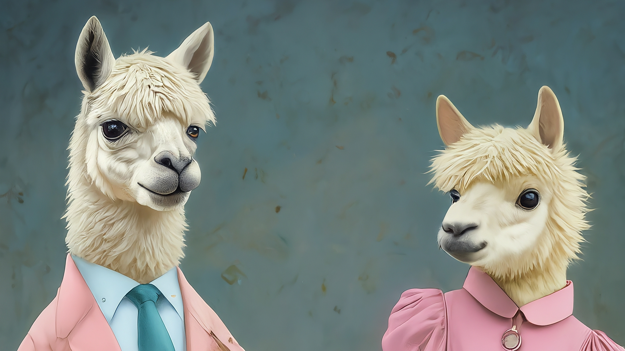 Due lama bianchi in stile cartoon, un maschio con completo blu elegante e un po' pensieroso, una femmina con vestito rosa elegante e espressione attenta e curiosa. Sfondo sfumato blu-oro. Nessun testo.