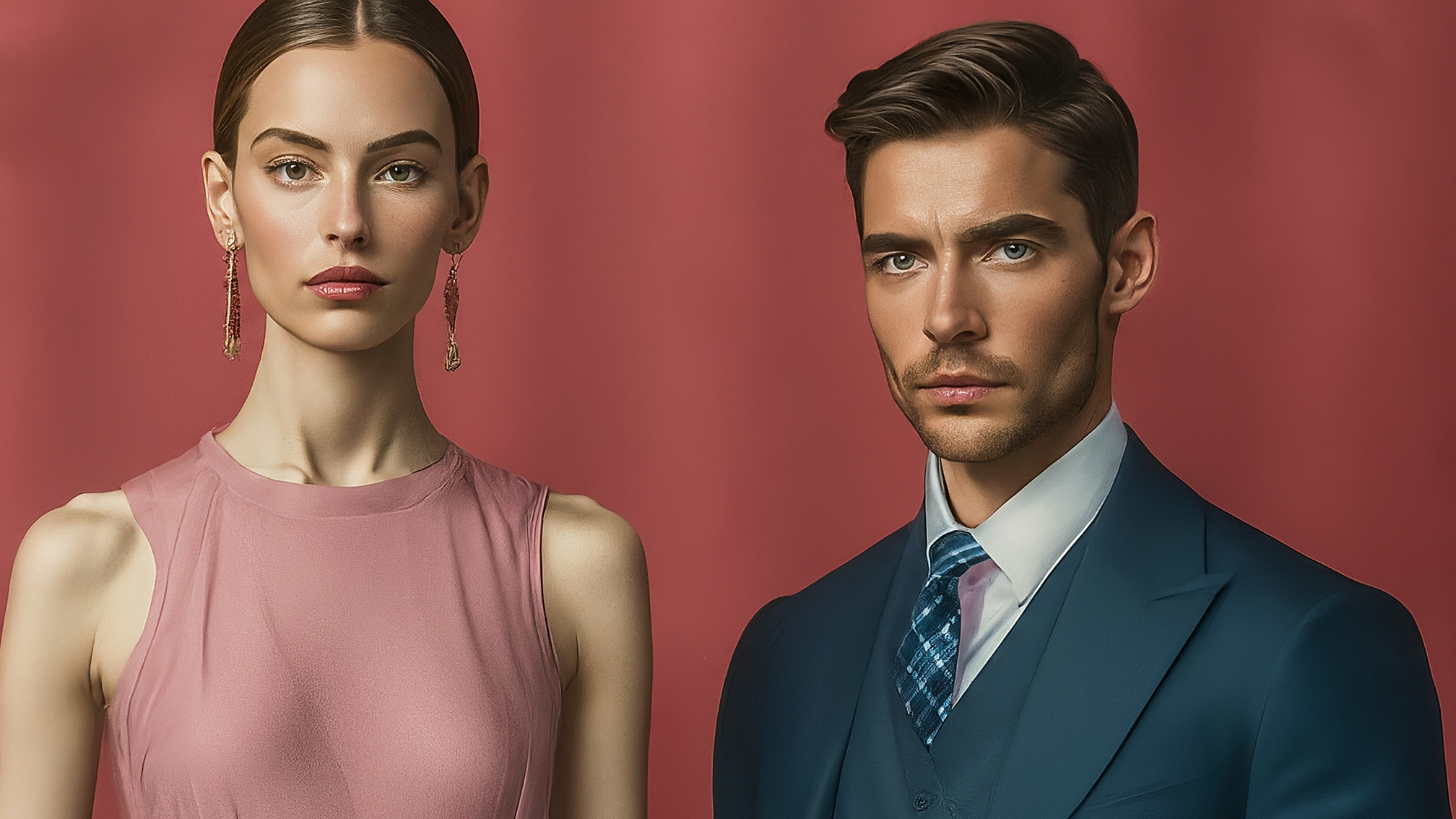 Due lama bianchi in stile cartoon, uno maschio con elegante completo blu e un'espressione analitica, l'altra femmina con un elegante vestito rosa e un'espressione genuina e attenta. Entrambi sono posizionati al centro, guardano verso lo spettatore con un leggero sorriso. Dietro di loro, uno sfondo stilizzato di grafici finanziari e icone crypto. I colori sono vivaci ma armoniosi, con una dominante di blu e rosa che rispecchia i vestiti dei lama. Non c'è testo visibile sull'immagine.