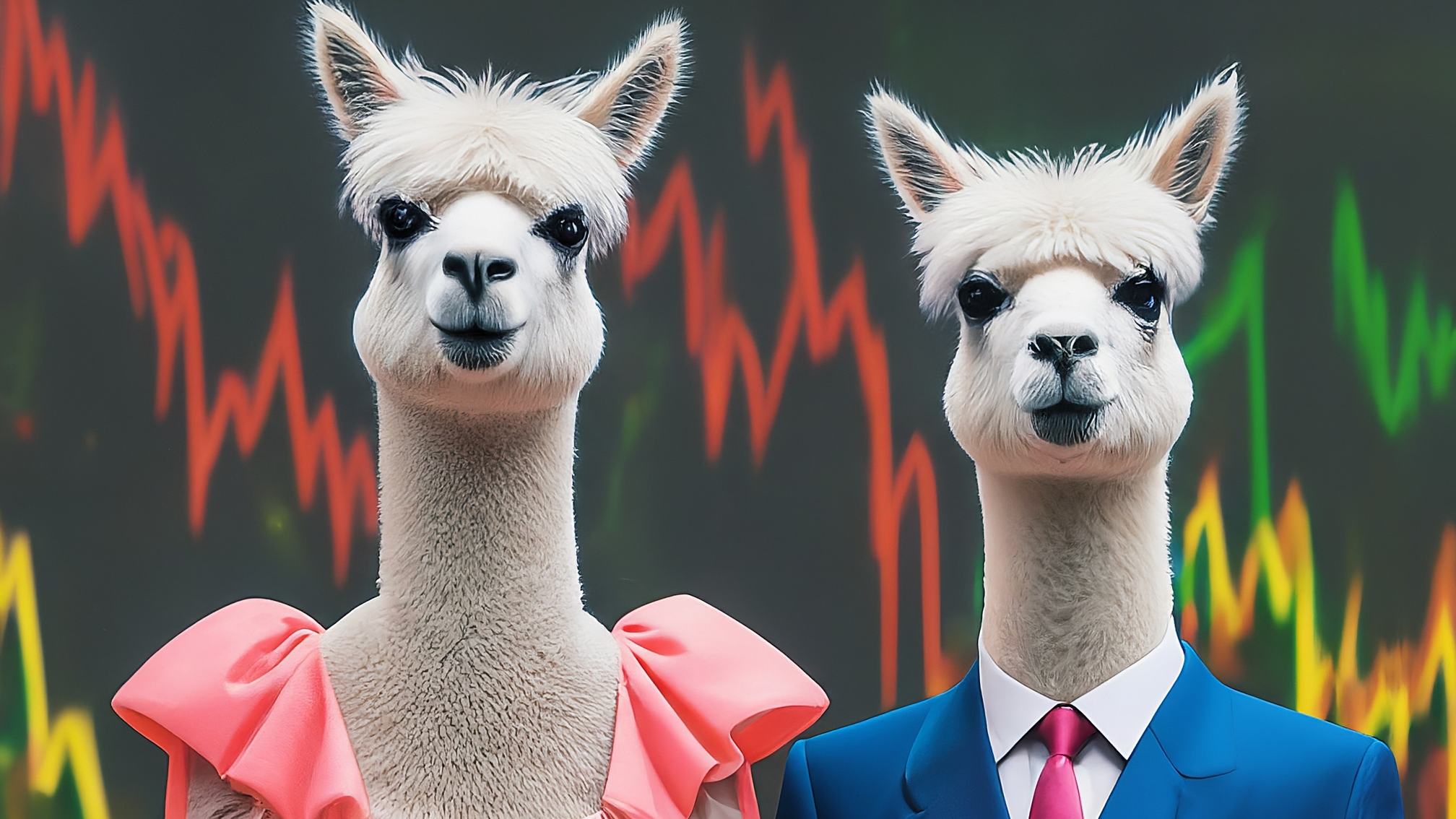 Two white cartoon llamas, one male in an elegant blue suit and one female in an elegant pink dress, standing side-by-side, looking concerned but determined. Behind them, a chaotic abstract background with red and green chart lines depicting market volatility. The overall mood is serious yet approachable. No text.