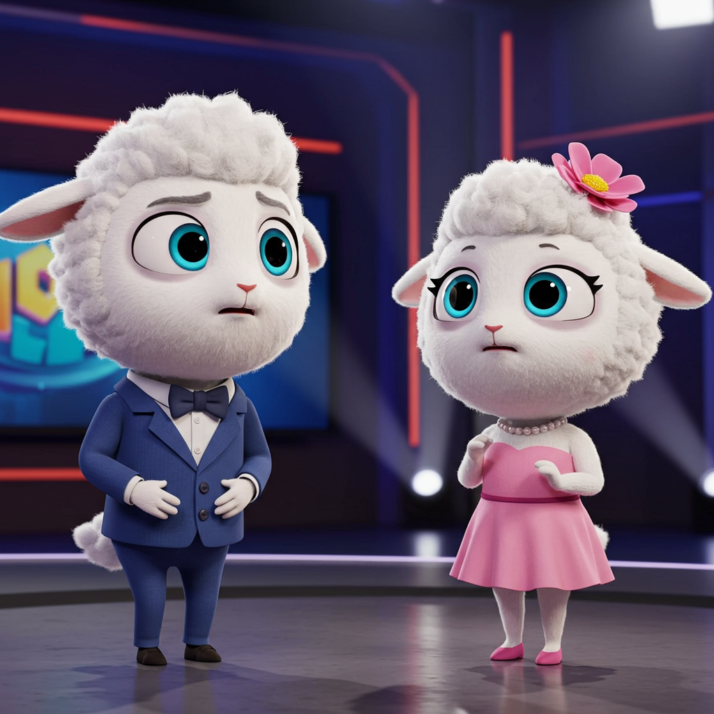 Soggetto due lama bianchi cartoon vestiti elganti (uno maschio con completo blu e una femmina con vestito rosa), espressione preoccupata, nessuno testo, colori vivaci, stile telegiornale cartoon.