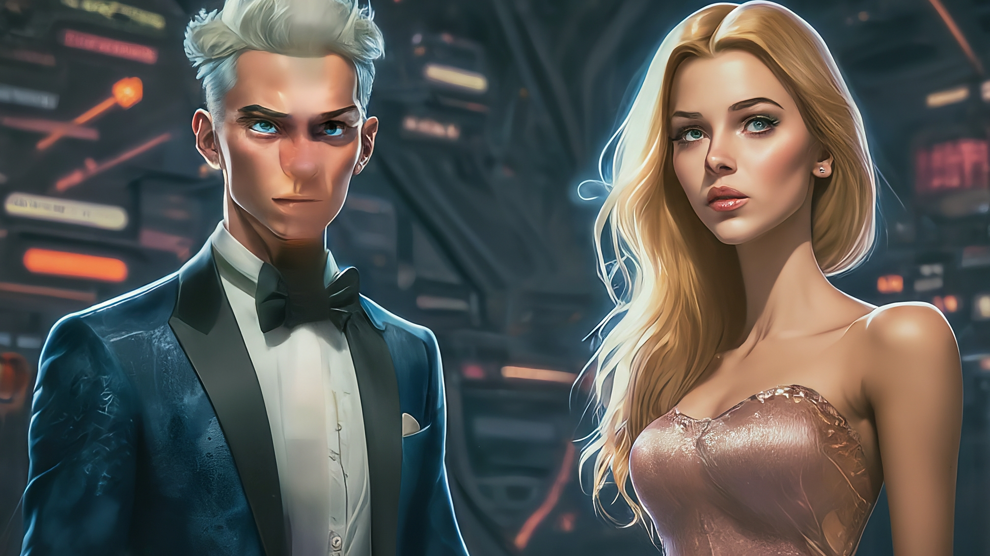 Due lama bianchi in stile cartoon, uno maschio (vestito con completo blu elegante) e una femmina (vestita con elegante abito rosa), si guardano intensamente con espressioni analitiche e leggermente preoccupate. Sullo sfondo, una grafica astratta con elementi che richiamano grafici finanziari e blocchi di blockchain, con colori vivaci ma non eccessivamente accesi. Nessun testo presente sull'immagine.