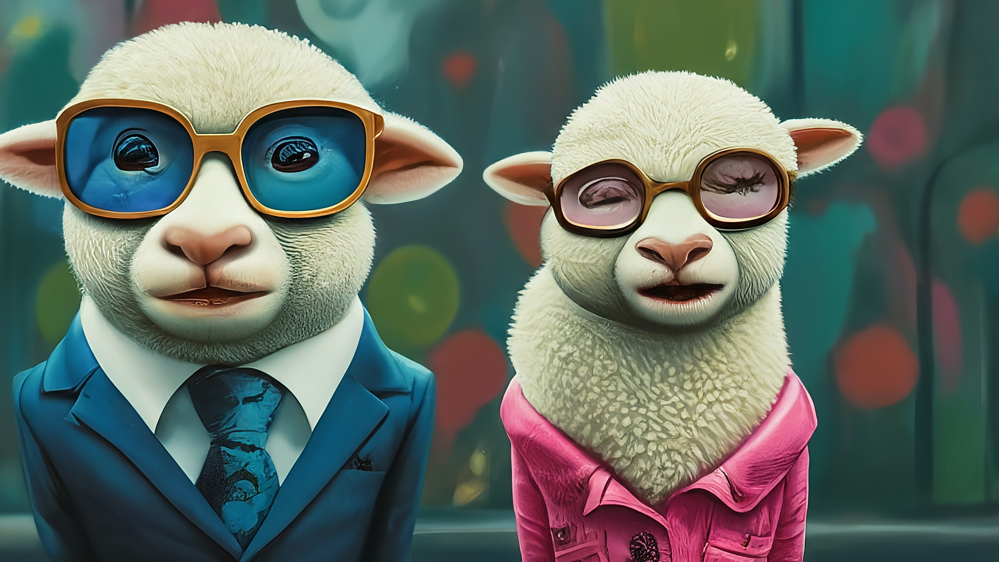 Due lama bianchi in stile cartoon, uno maschio con elegante completo blu e un'espressione analitica e leggermente sorridente, l'altra femmina con elegante vestito rosa e un'espressione genuina e curiosa. Si trovano su uno sfondo astratto con sfumature verdi e blu che richiamano i pascoli, con icone stilizzate di grafici di mercato e monete crypto fluttuanti. Nessun testo presente. Colori vibranti ma armoniosi.