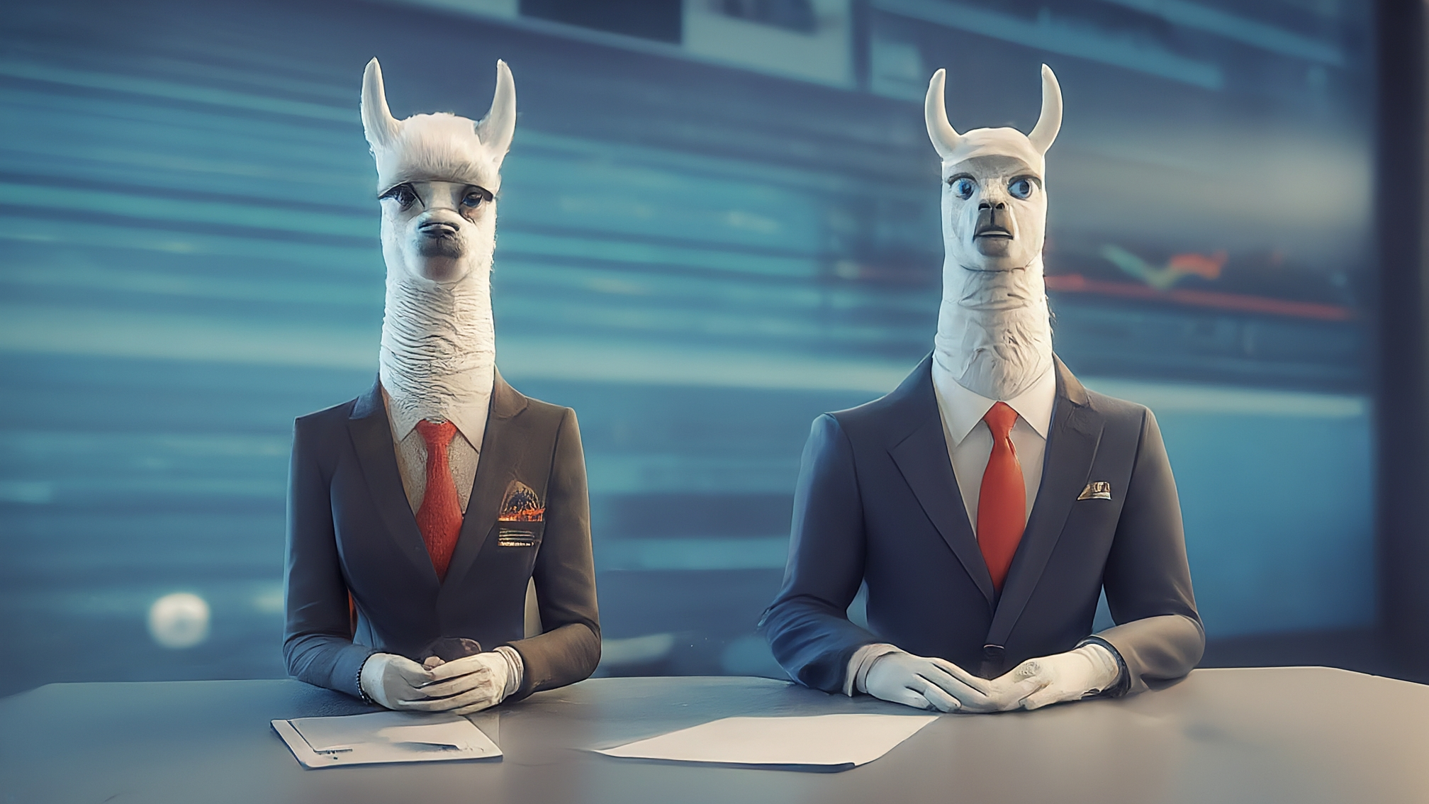 Due lama bianchi in stile cartoon con vestiti eleganti. Marco Alam indossa un completo blu scuro, Kia Mala un tailleur rosa shocking. Entrambi hanno un'espressione seria ma curiosa, rivolti verso lo spettatore. Lo sfondo è un display digitale con linee di griglia blu che ricordano un ambiente tecnologico futuristico. Nessun testo sull'immagine. I colori sono vivaci e ben definiti.