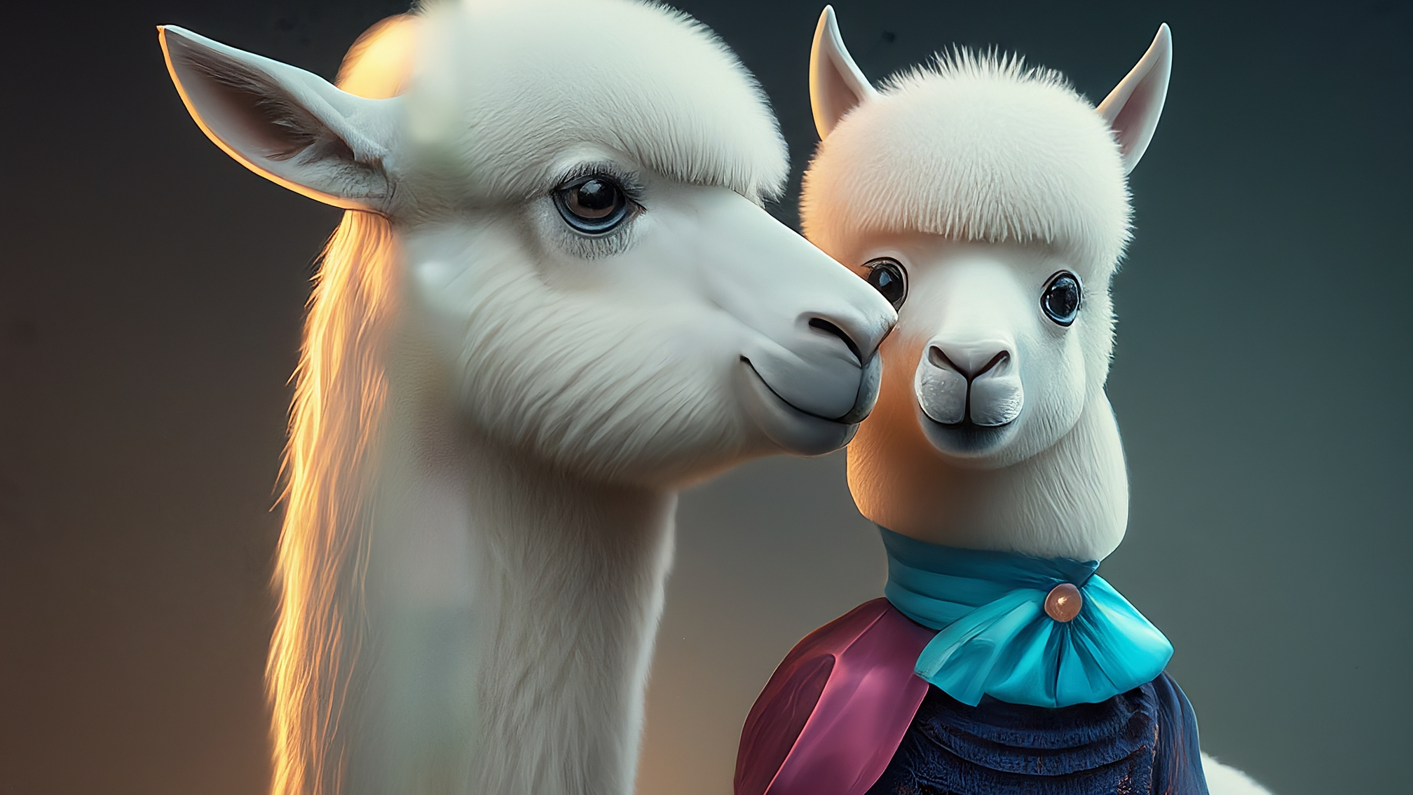 Due lama bianchi in stile cartoon, uno maschio con un elegante completo blu e una femmina con un elegante vestito rosa. Il maschio ha un'espressione analitica e leggermente divertita, mentre la femmina appare genuina e attenta. Sono posizionati uno accanto all'altra, con uno sfondo sfumato che richiama i colori del mercato crypto (blu, verde, rosso sfumati). Nessun testo, solo i personaggi e lo sfondo.