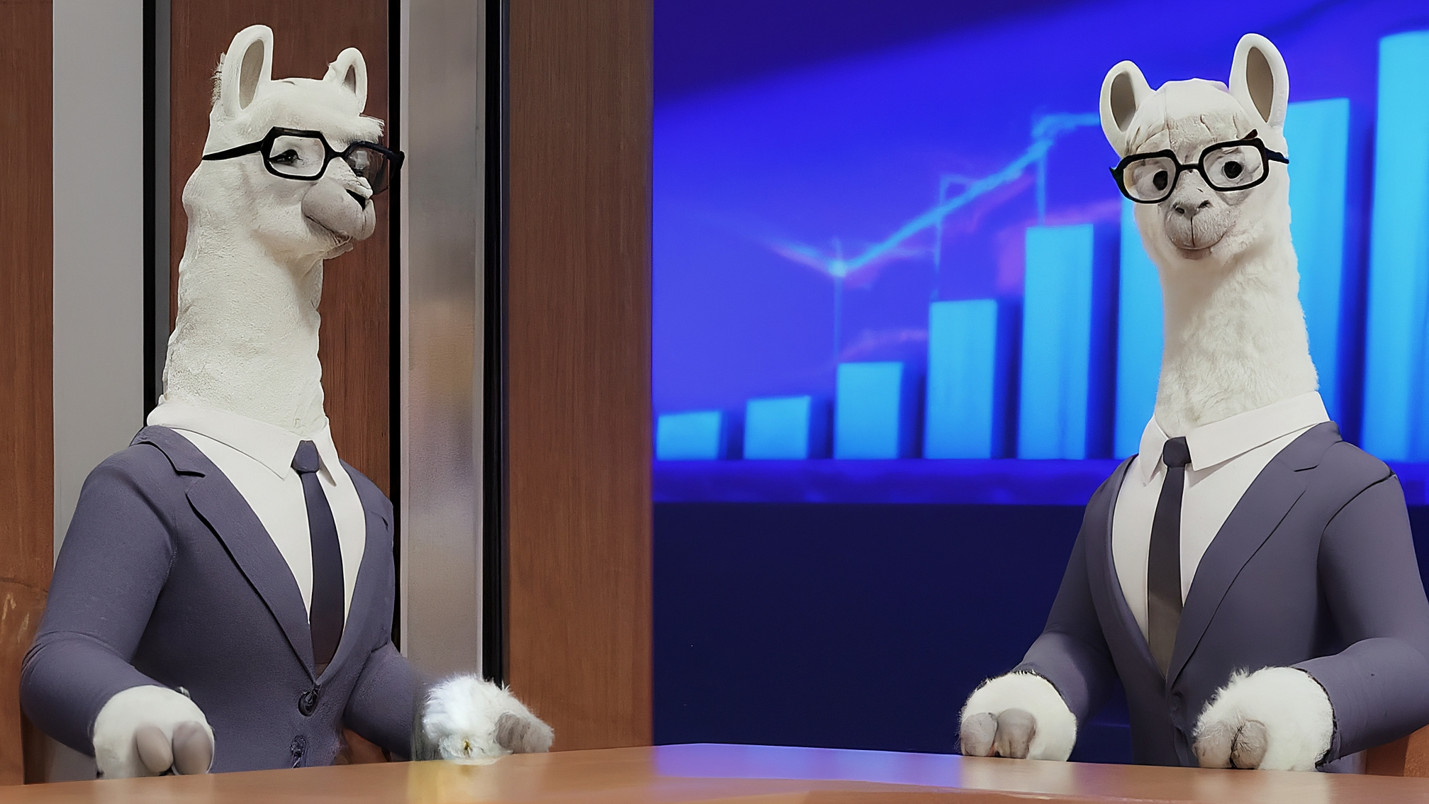 Due lama bianchi in stile cartoon, uno maschio (Marco Alam) vestito con un completo blu elegante e un'espressione analitica, l'altra femmina (Kia Mala) con un vestito rosa elegante e un'espressione attenta. Lo sfondo è un grafico stilizzato del mercato crypto in rialzo con elementi di colore blu e rosa. Nessun testo visibile.